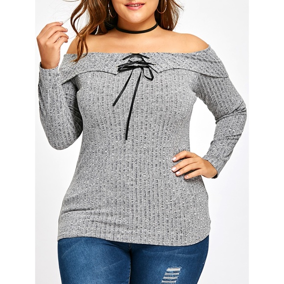 Plus Size Off Shoulder Ribbed Gray Ribbon Top - Picture 1 of 8